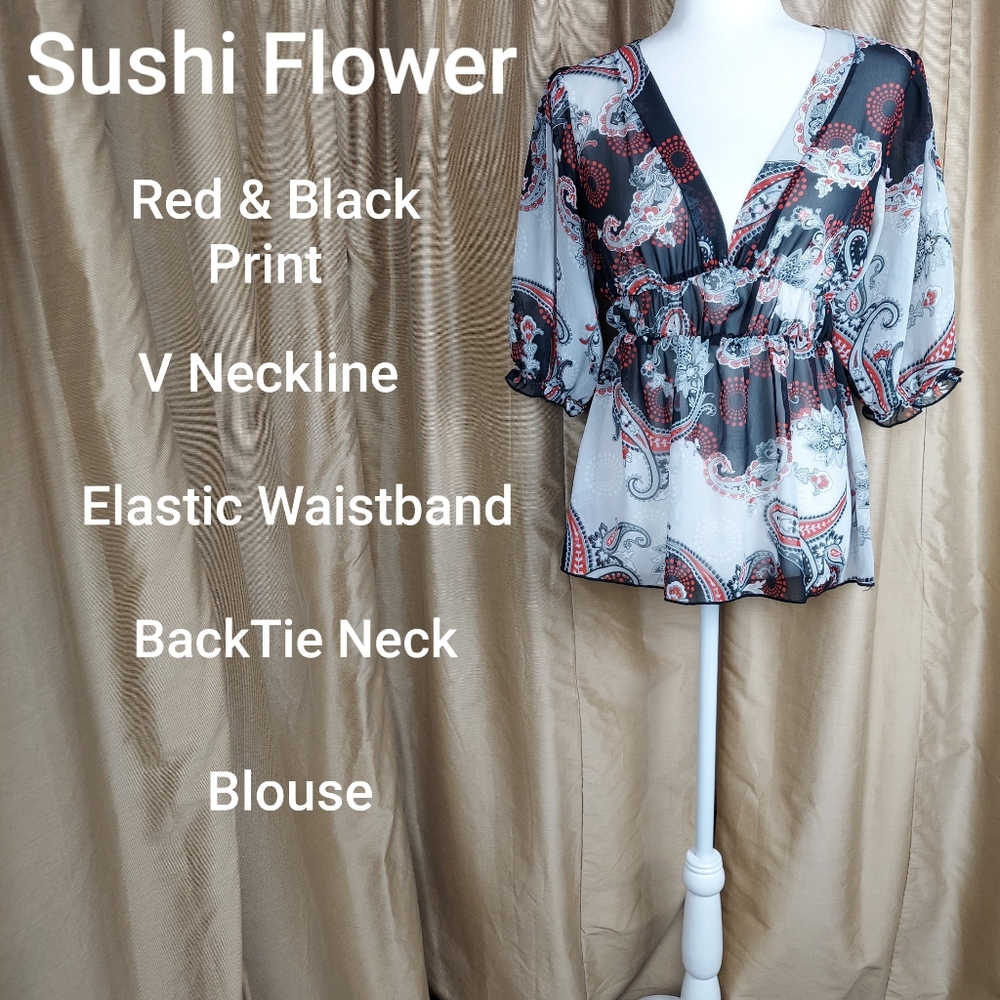 Sushi flowers Red & Black Print Detail blouse size S